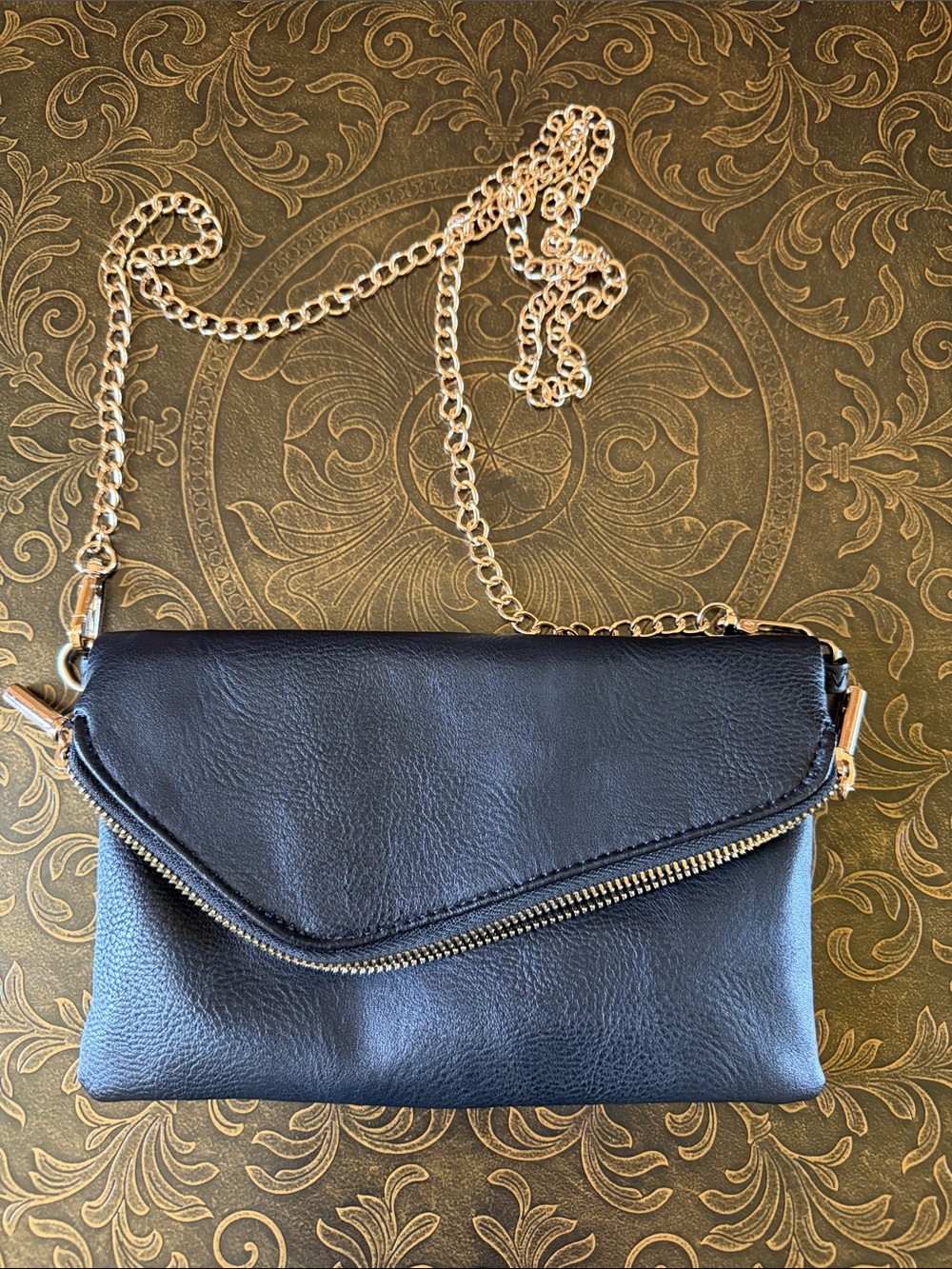 Black Leather Crossbody Clutch with Gold Chain